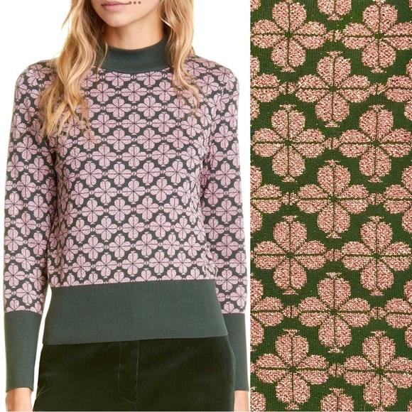 Kate Spade Flower Top Turtleneck Sweater Mock Neck Floral Metallic Pink Green S - Picture 1 of 16